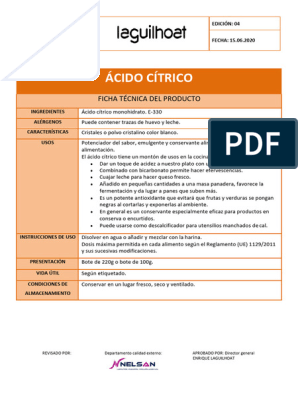 Ácido cítrico monohidrato ≥99,5% de calidad alimentaria 