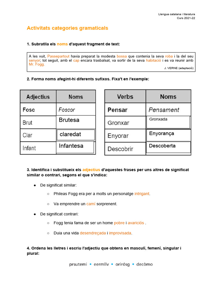 Activitats Categories Gramaticals (COMPLET) | PDF