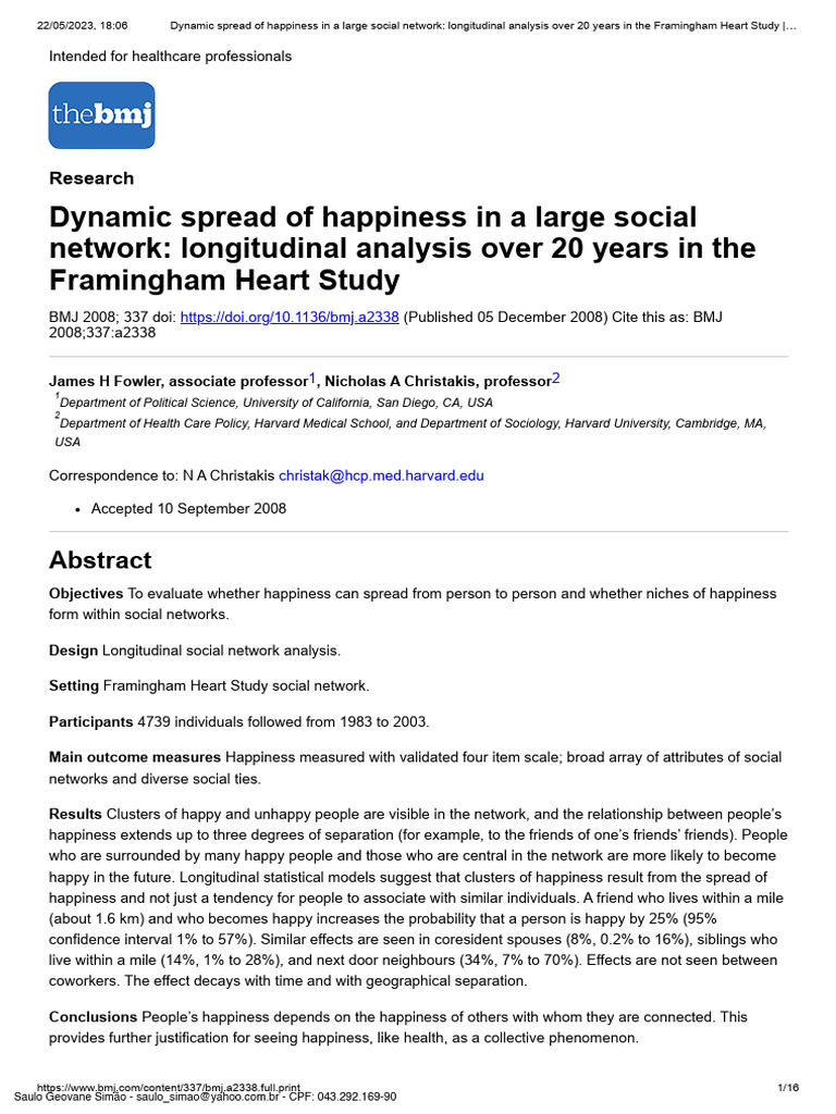 Dynamic Spread of Happiness in A Large Social Network PDF Social