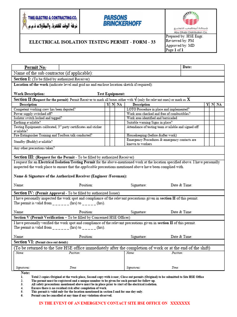 Form 33 Electrical Isolation Testing Permit PDF Safety