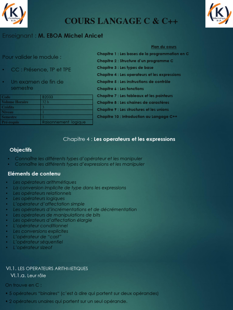 Cours C & C++ : Opérateurs et Expressions | PDF | C (Langage de ...
