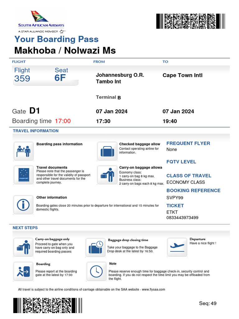 SAA Boarding Pass for Cape Town Flight | PDF