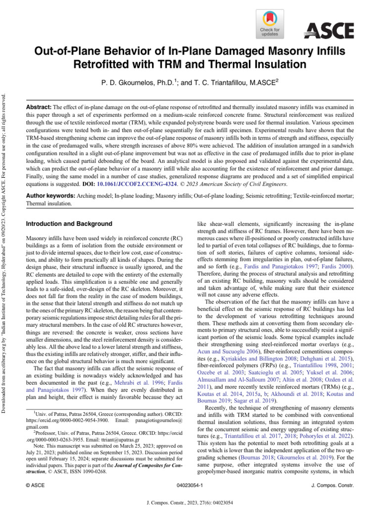 Gkournelos Triantafillou 2023 Out of Plane Behavior of in Plane Damaged ...