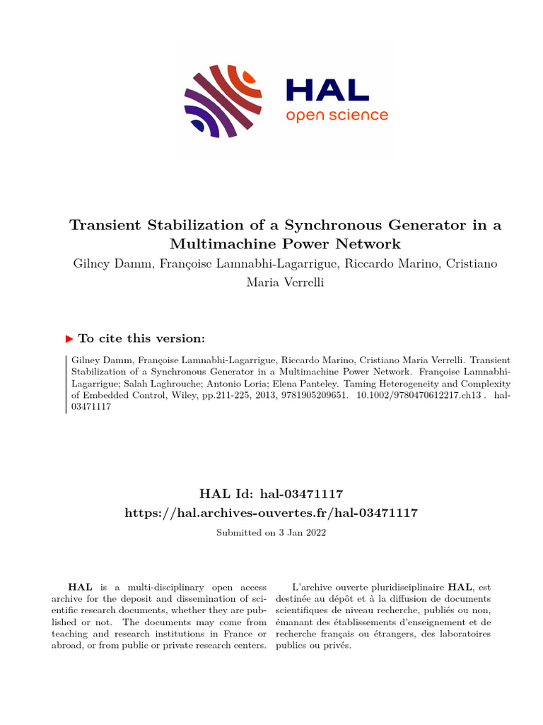 Transient Stabilization Of A Synchronous Generator Download Free Pdf