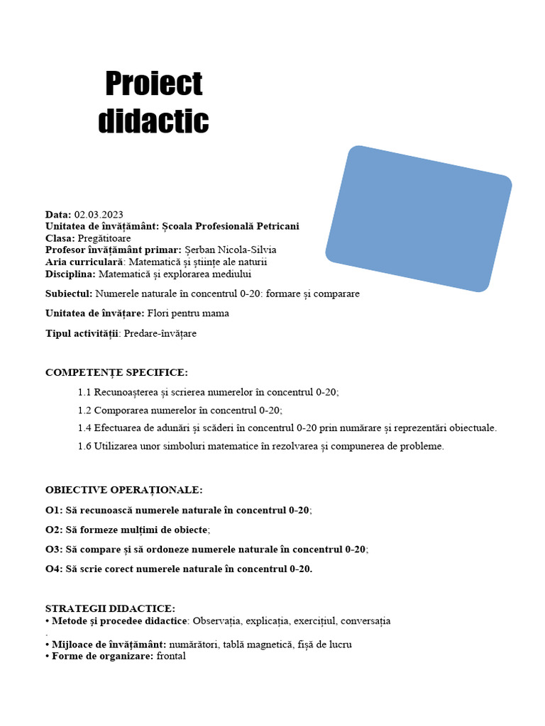 Proiect Didactic MEM Clasa Pregătitoare-1 | PDF