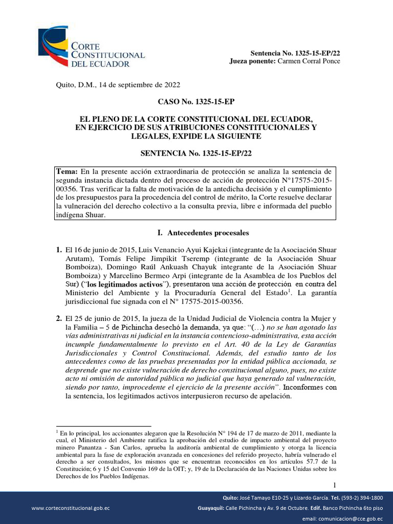 Sentencia sobre derecho a consulta Shuar | PDF | Sentencia (ley) | Caso ...