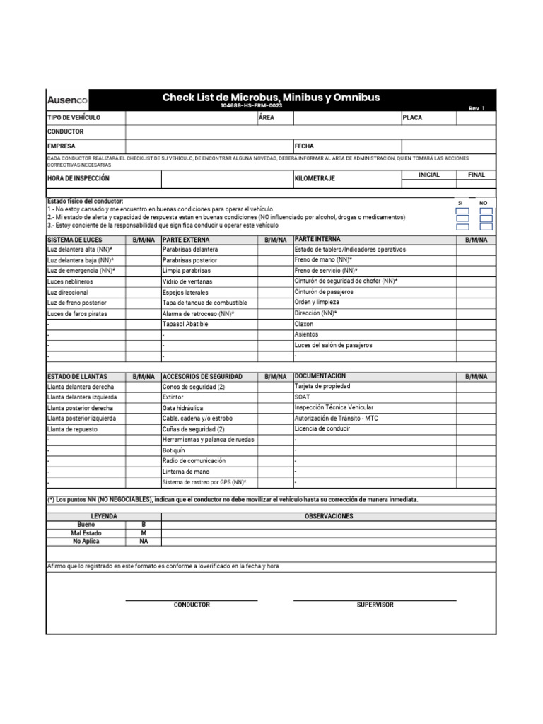 Check List de Microbus, Minibus y Omnibus | PDF | Bienes manufacturados ...