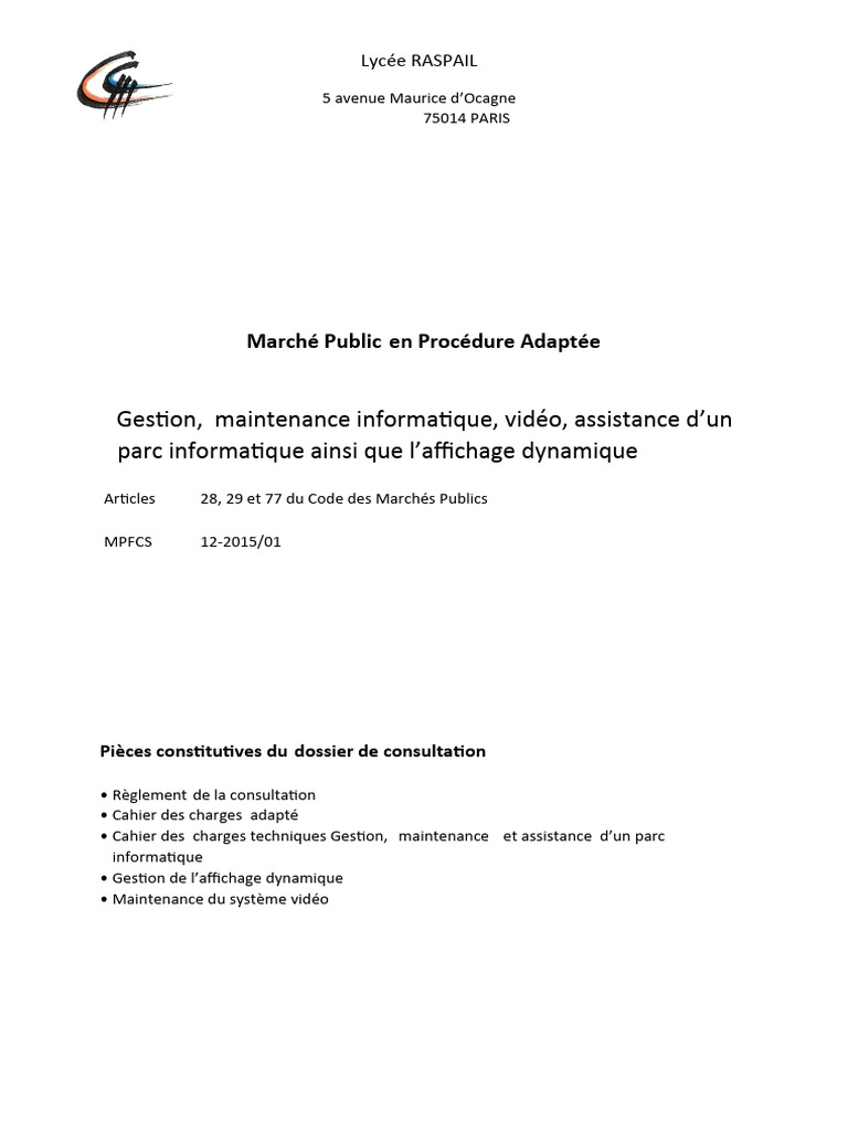 Marché Public : Maintenance Informatique Raspail | PDF | Informatique ...