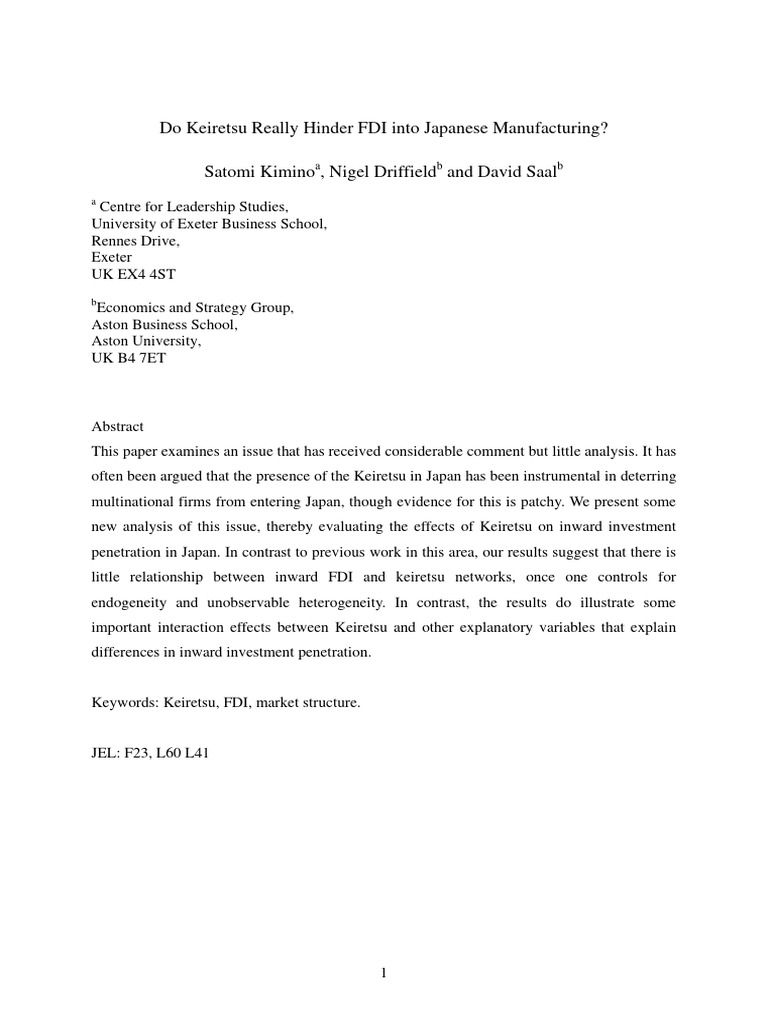 Keiretsu FDI and Japanese Manufacturing | PDF