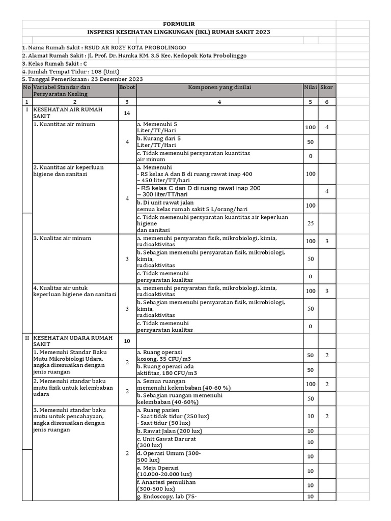 Standar Inspeksi IKL Rumah Sakit 2023 | PDF