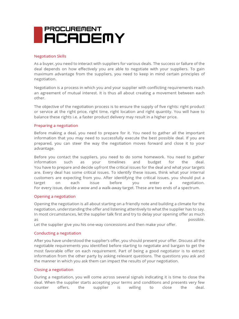 Negotiation Skills Procurement Academy Pdf