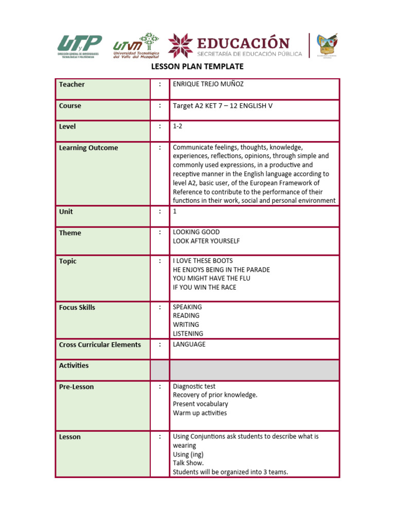 Lesson Template 1 Pdf Vocabulary Lesson Plan