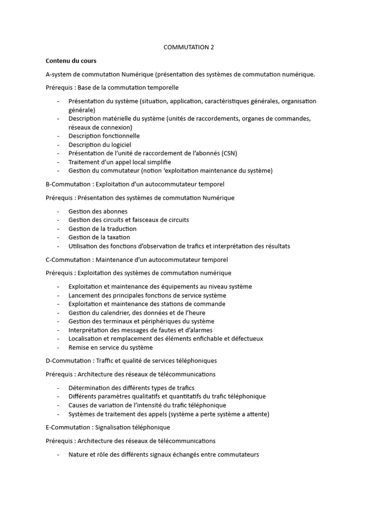 Cours de Commutation Téléphonique | PDF | Commutateur téléphonique ...