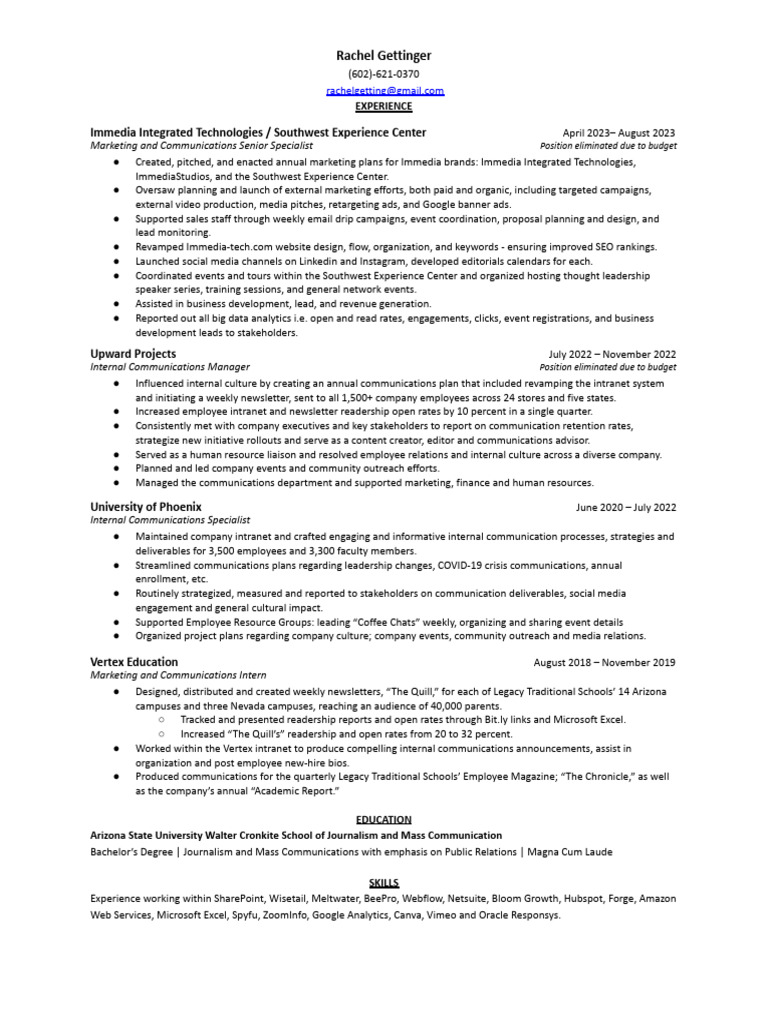 Rachel gettinger resume jan 2024 pdf advertising communication