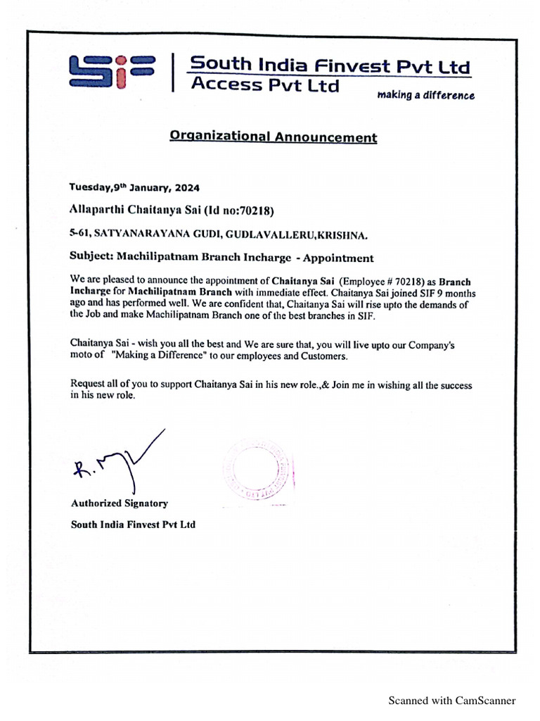 Organizational Announcement Machilipatnam Branch PDF