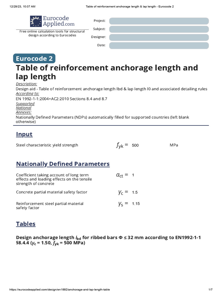 Table of Reinforcement Anchorage Length & Lap Length Eurocode 2