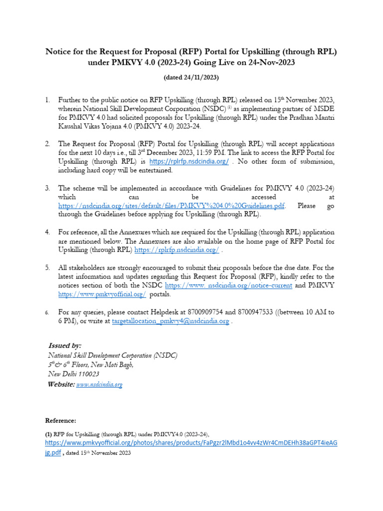 NSDC RFP Notice for PMKVY 4.0 | PDF | Request For Proposal | Sampling ...