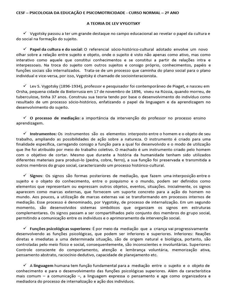 A Teoria de Lev Vygotsky - 240110 - 213930 | PDF