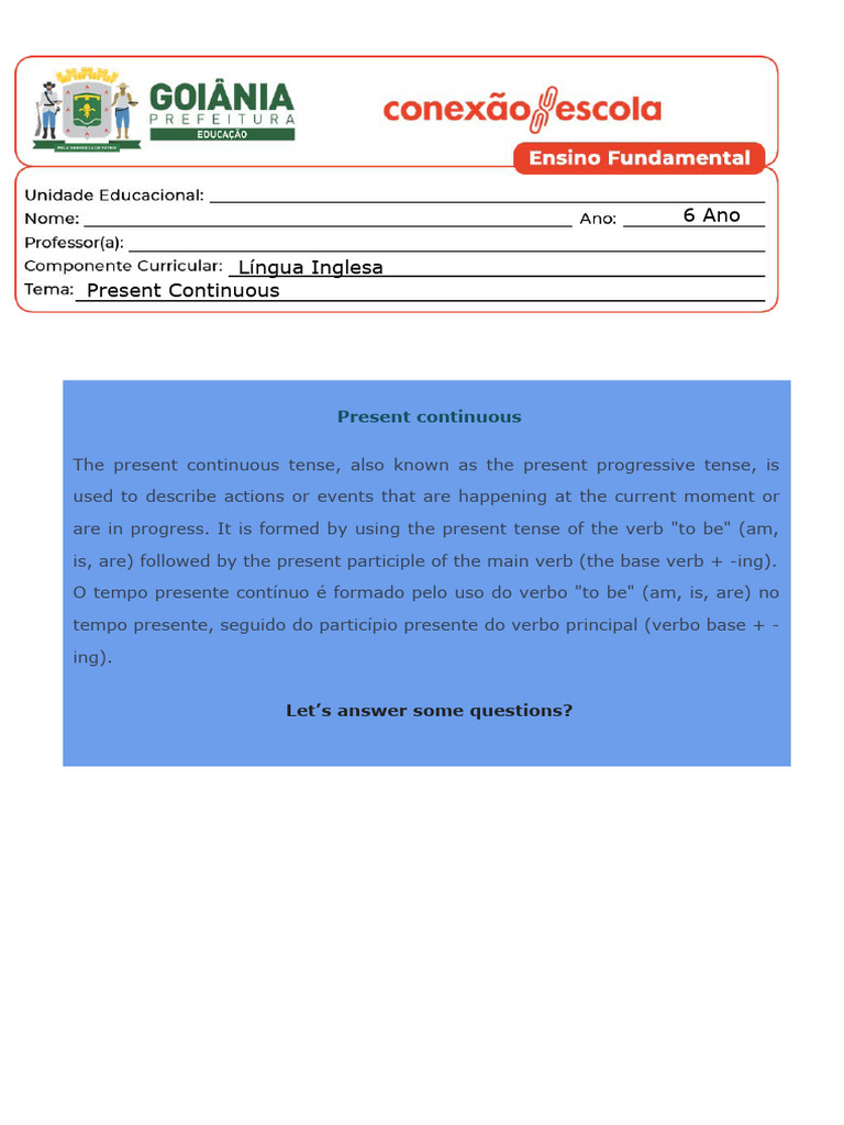 Atividades sobre Present Continuous 6º Ano | PDF | Sintaxe | Linguística