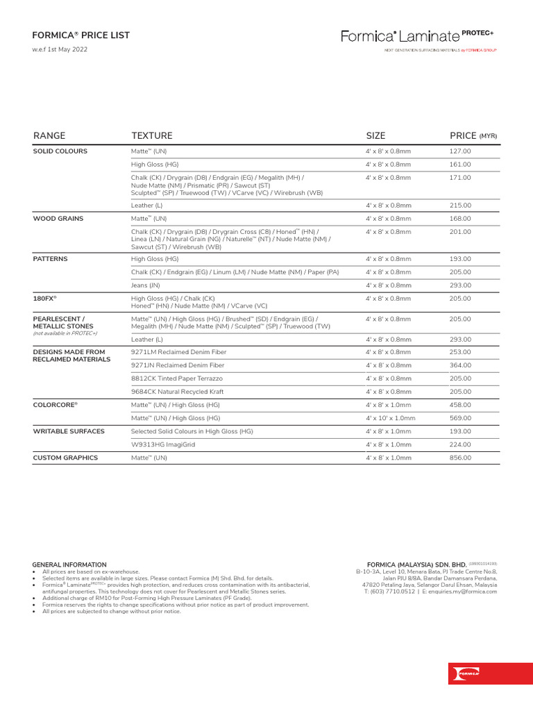 Formica HPL Price List wef 20191001_4_8 General_Malaysia PDF