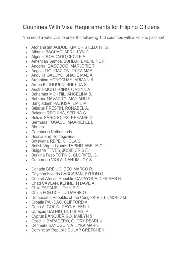 Visa Requirements for Filipino Travelers | PDF | National Security ...