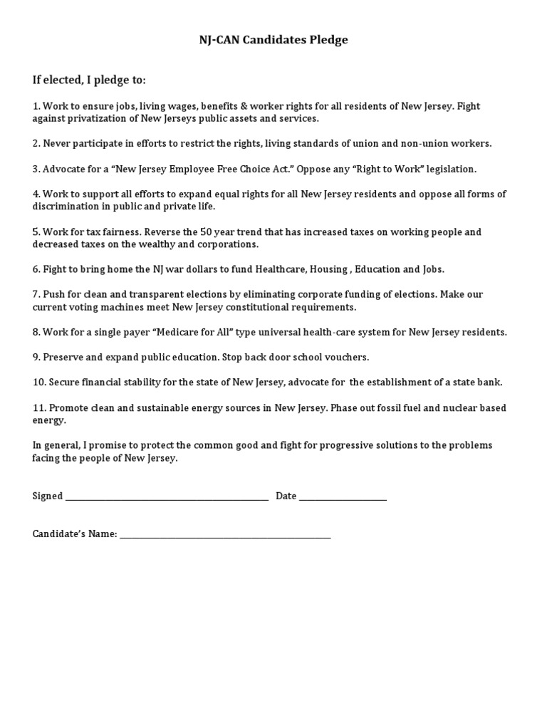 NJCAN Candidates' Progressive Pledge | PDF