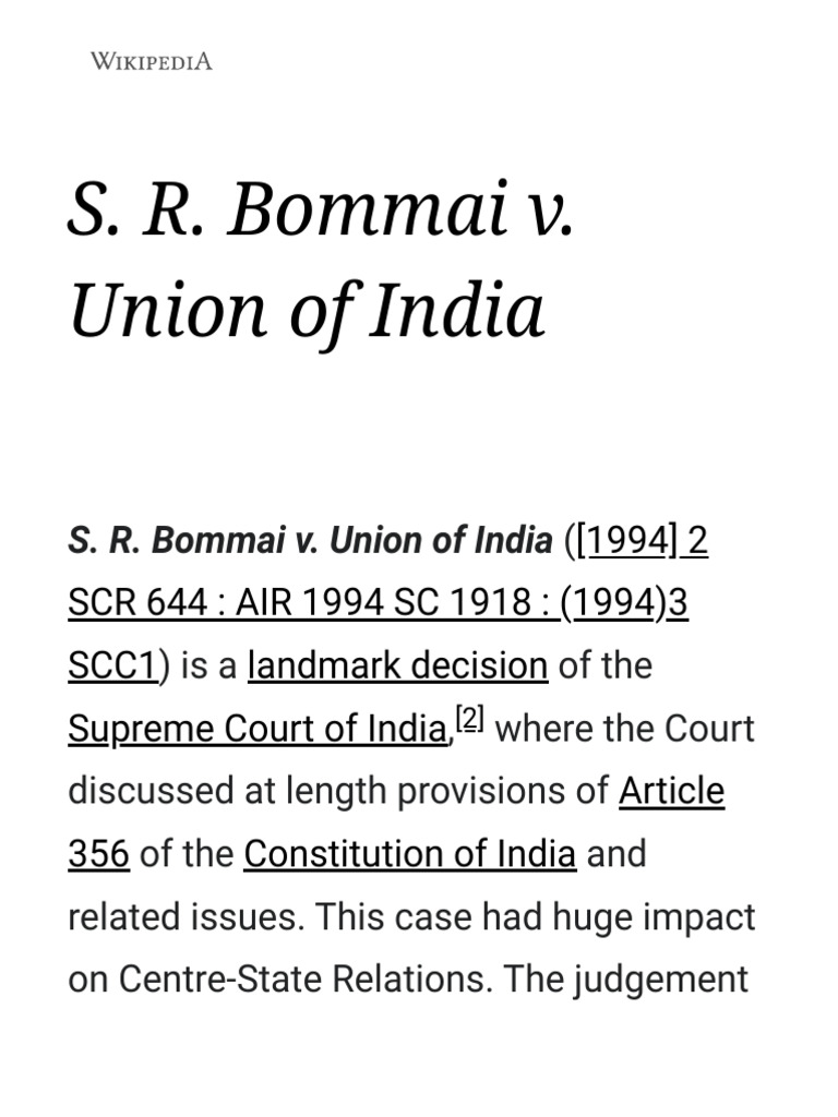 S. R. Bommai v. Union of India - Wikipedia | PDF | Government ...