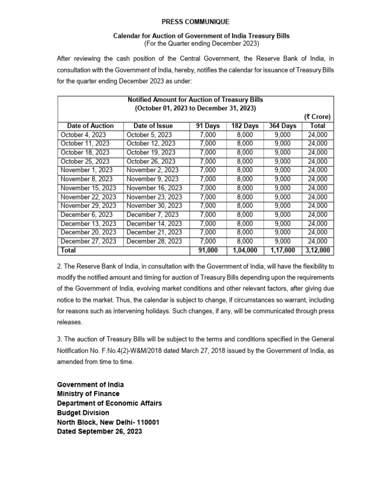 Press ReleaseIssuance of Calendar For TBills For Q3 of 202324 PDF