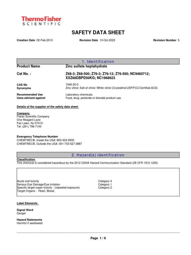 Zinc Sulfate Acs 500G PDF