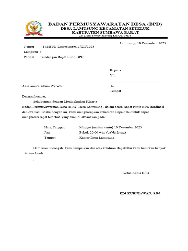 Undangan Rapat Rutin BPD | PDF