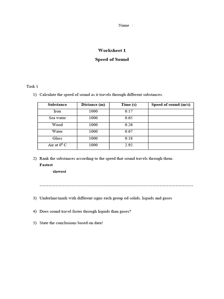 Worksheet Speed of Sound | PDF