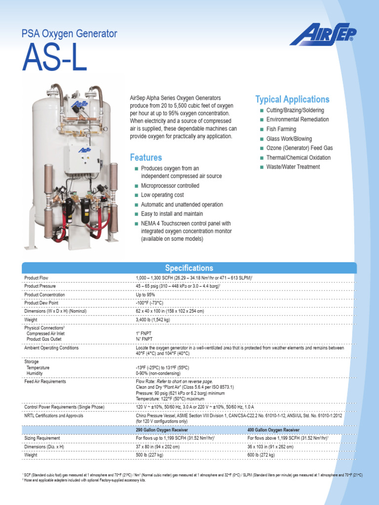 AirSep Oxygen Generator Specifications | PDF