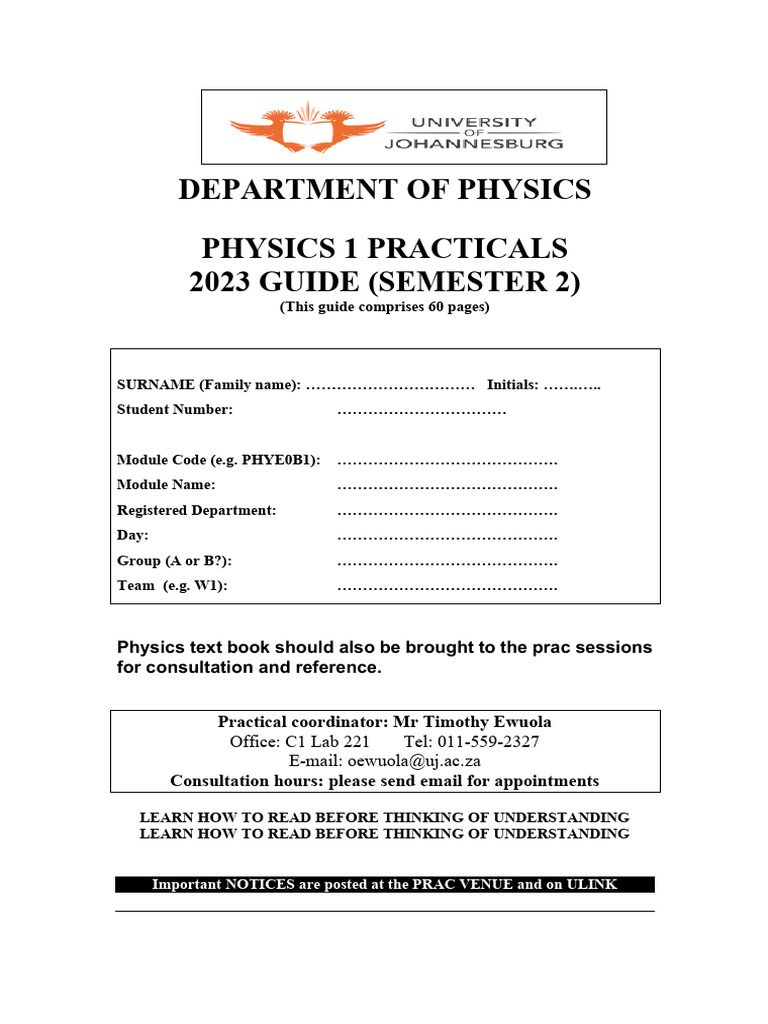 Physics 1 Practical Guide 2023 | PDF