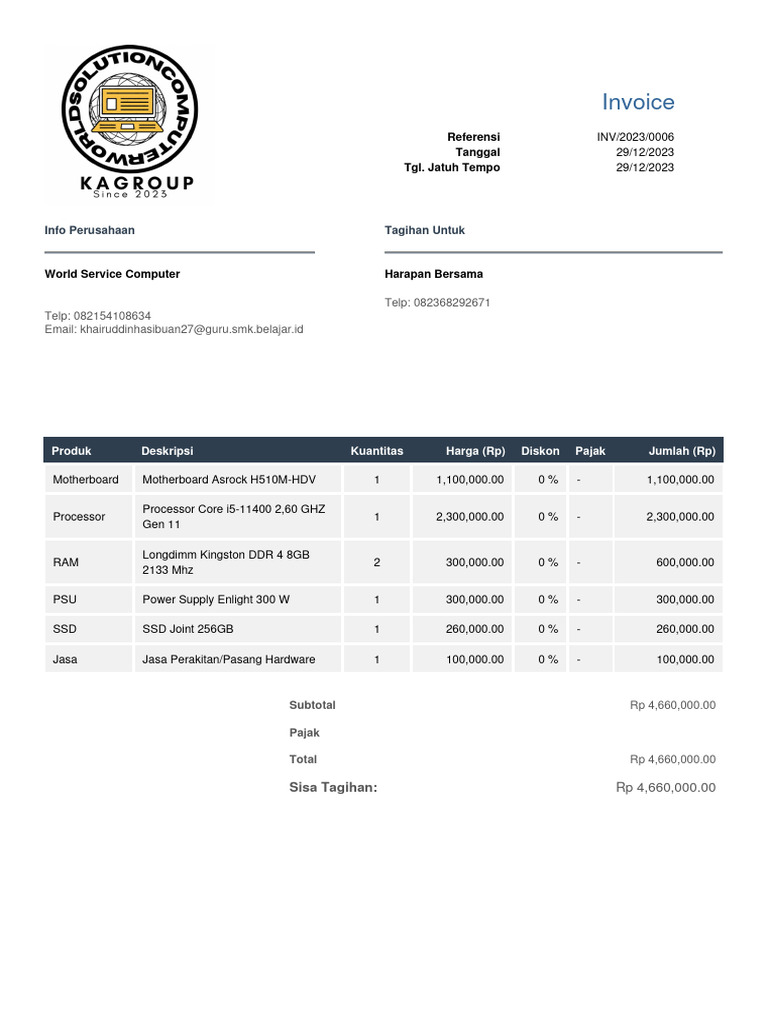 Invoice for Computer Hardware Services | PDF