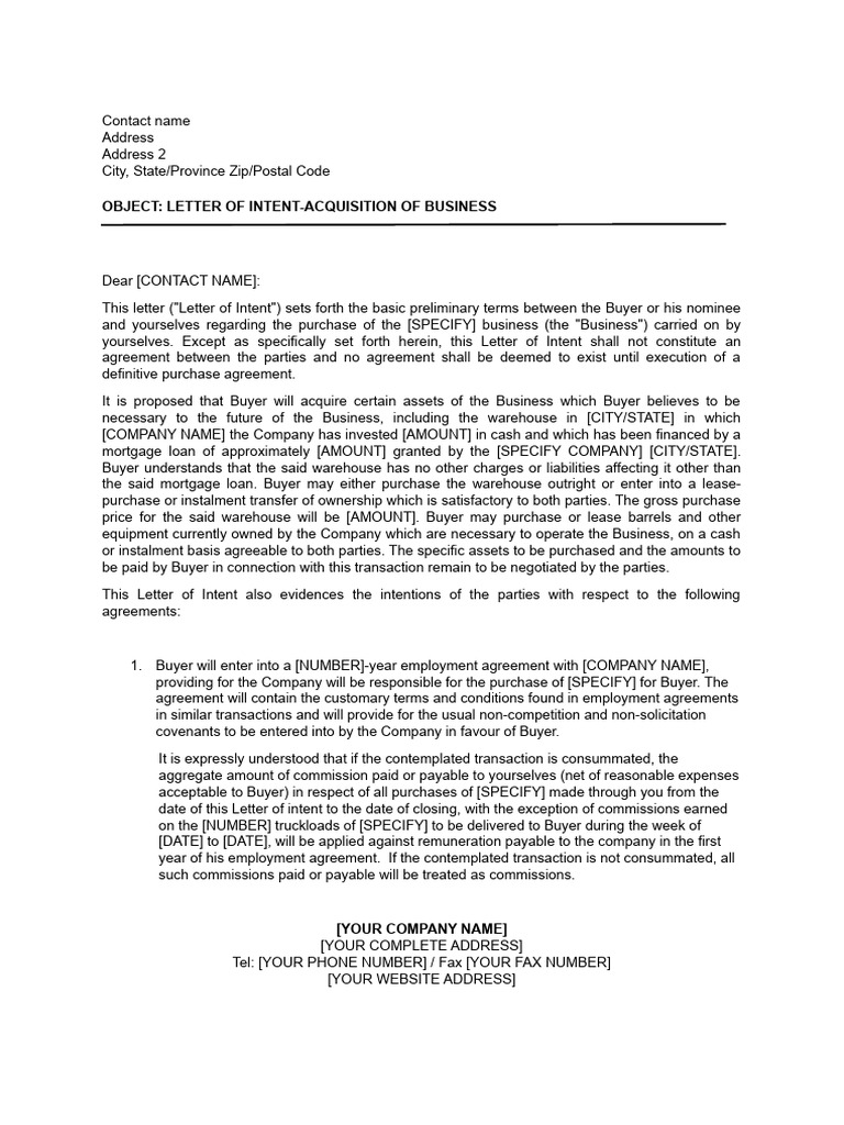 Letter of Intent Acquisition of Business PDF