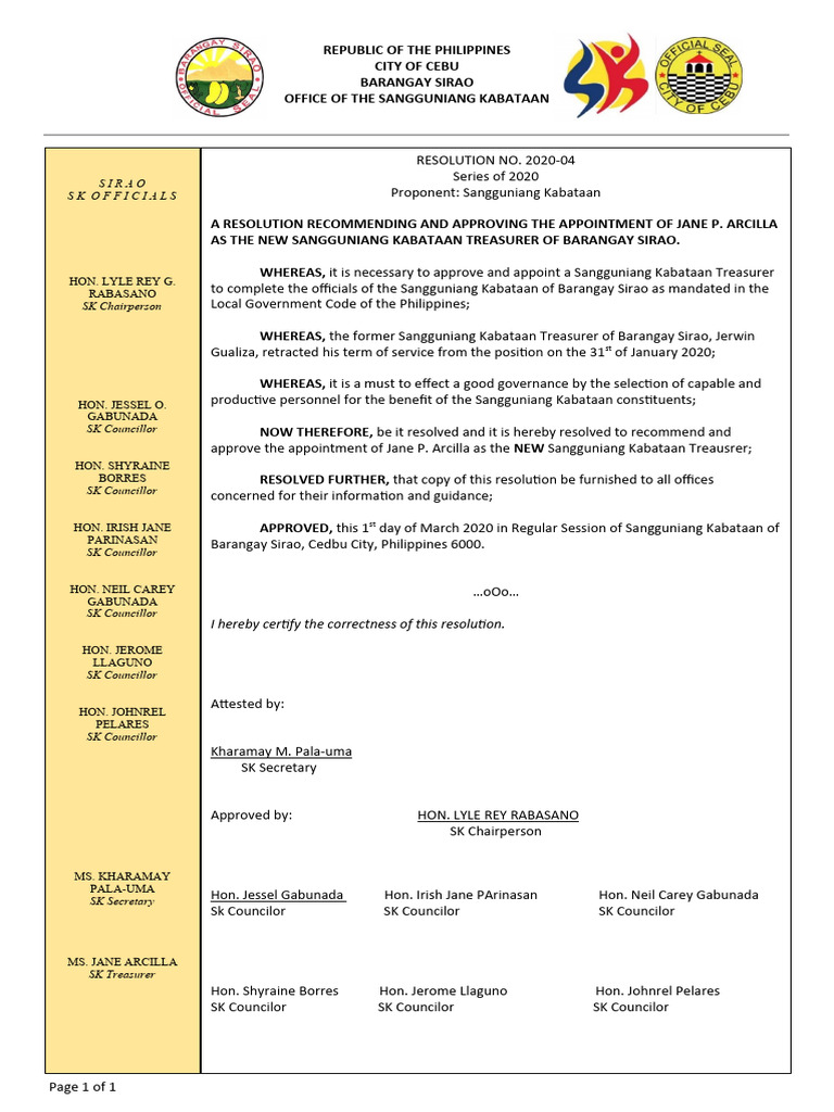 SK Treasurer Appointment Resolution | PDF