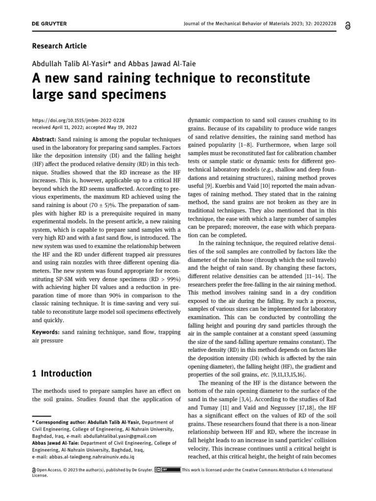 A New Sand Raining Technique To Reconstitute Large Sand Specimens | PDF