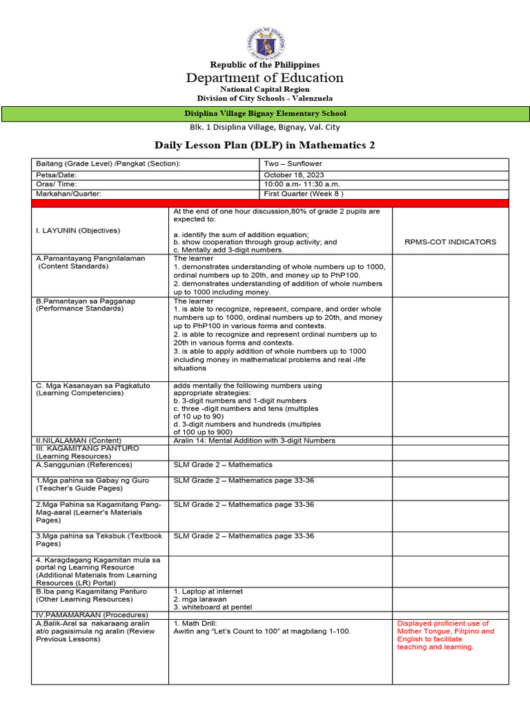 Grade 2 Math Lesson Plan: Mental Addition | PDF | Learning | Education ...