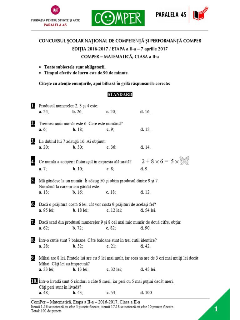 Subiect Matematica EtapaII 2016 2017 clasaII | PDF