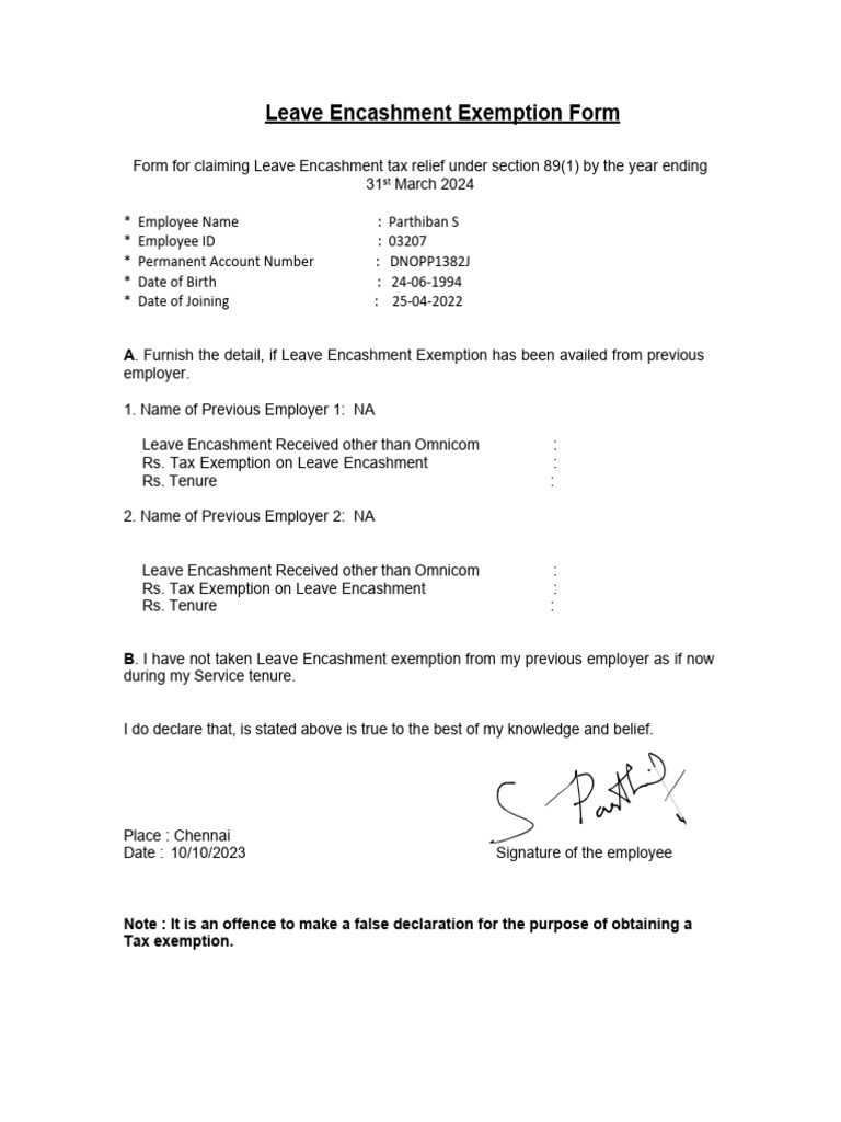 Leave Encashment Exemption Form PDF