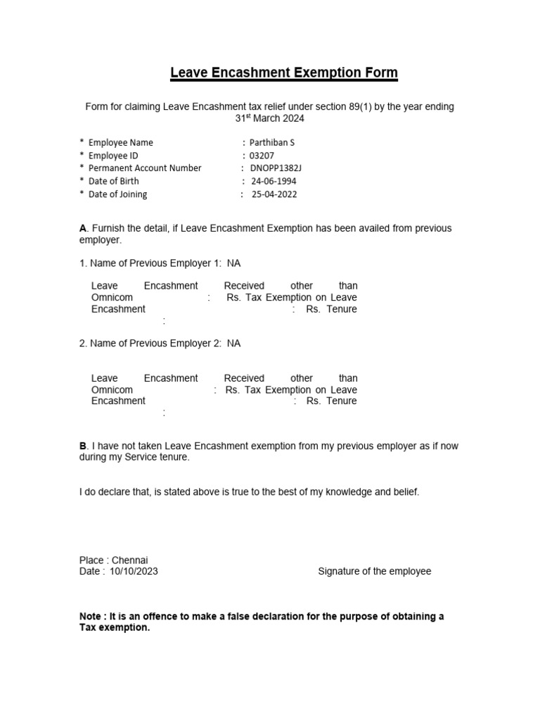 Leave Encashment Exemption Form | PDF | Finance &amp; Money Management