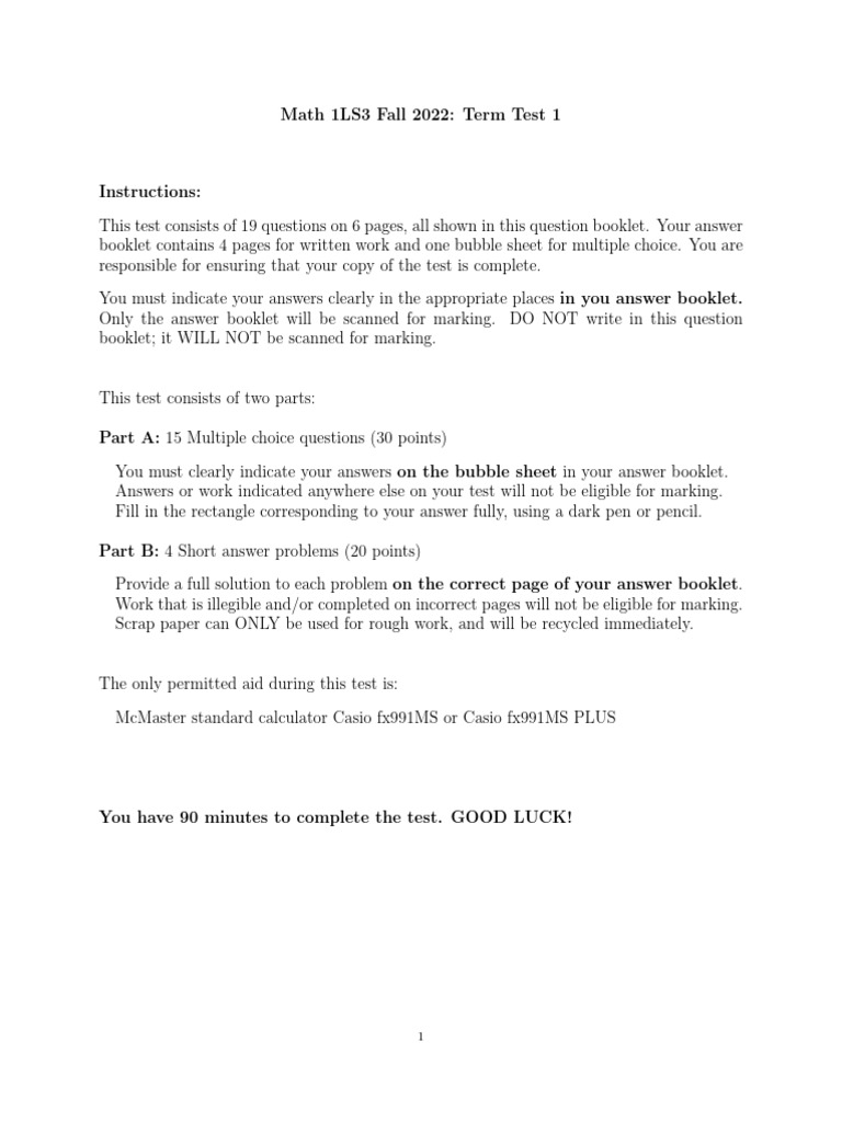 Math 1LS3 Fall 2022 Term Test 1 | PDF | Multiple Choice | Mathematics