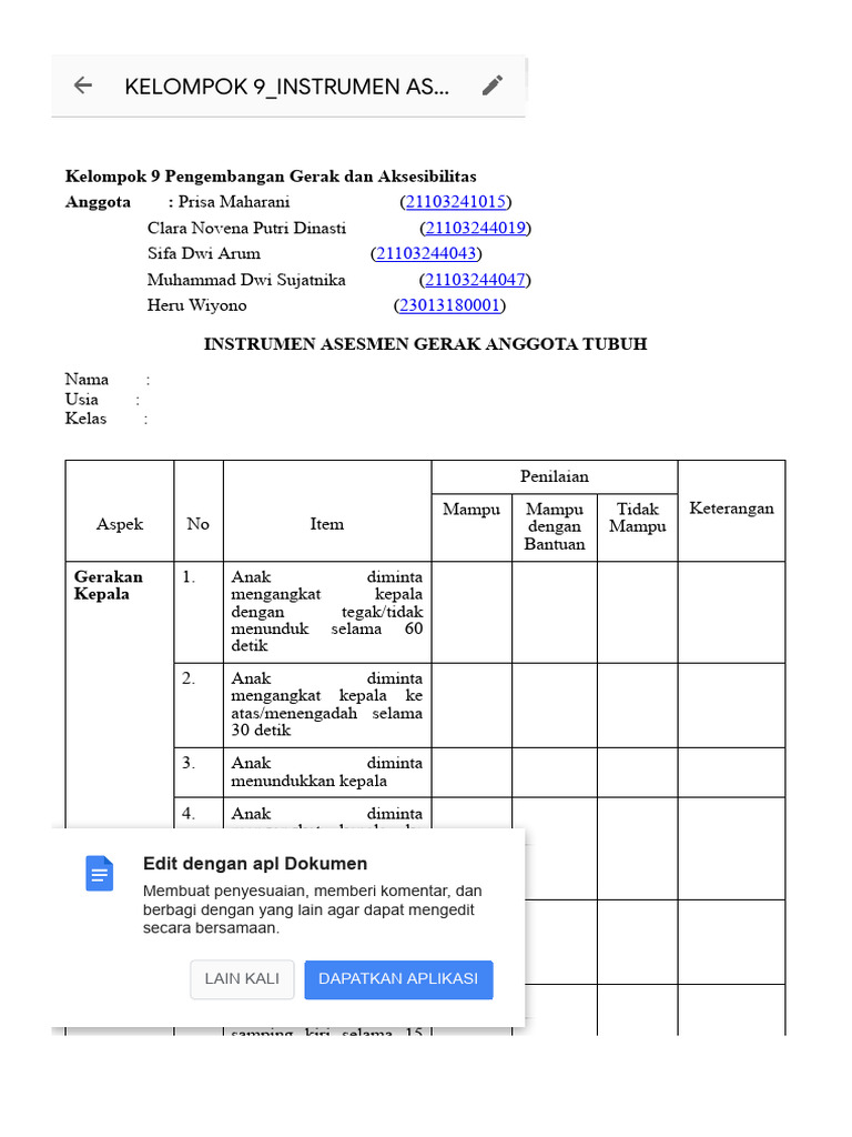 Instrumen Penilaian Gerak Anak | PDF