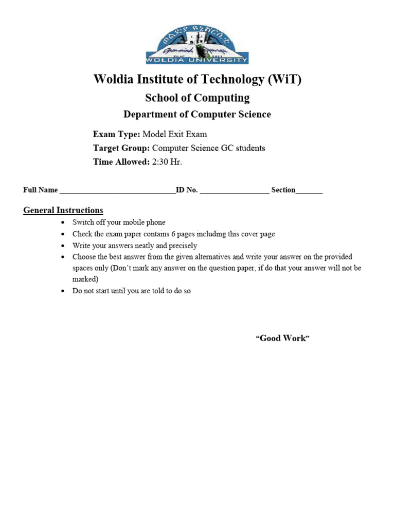 Woldia University Dept of CS Exit-Exam Model With Answer | PDF