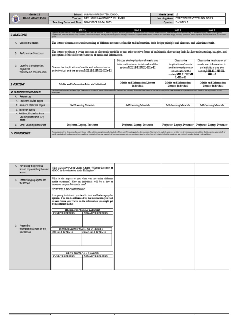 Grade 12 Empowerment Technologies Plan | PDF | Information | Learning