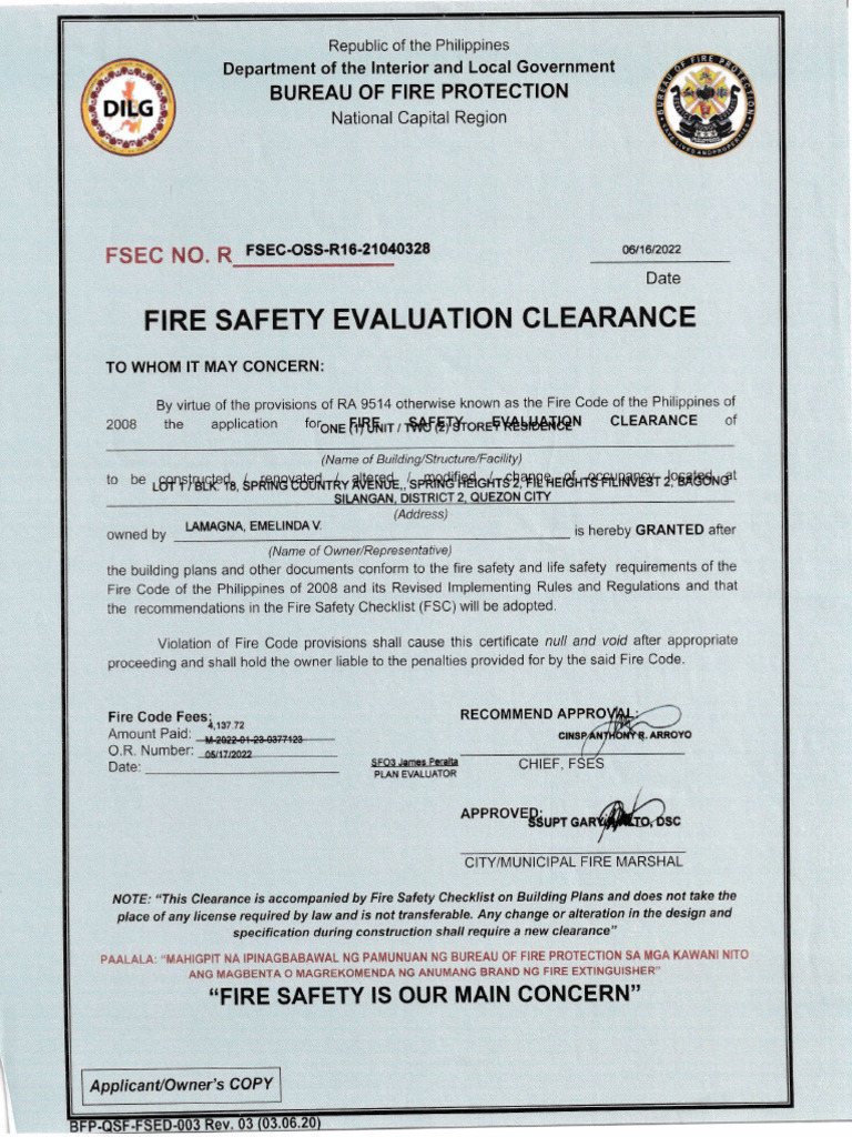 Fire Safety Evaluation Clearance Certificate | PDF | Safety | Government