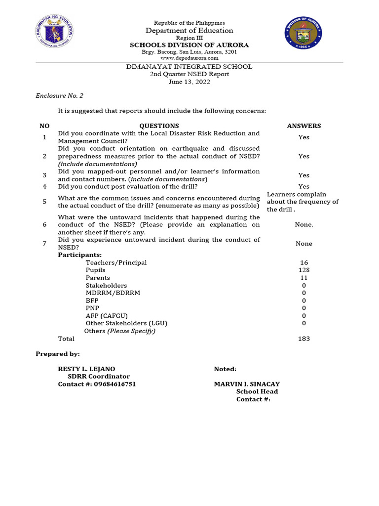 2022 2nd QUARTER NSED Dimanayat IS PDF Emergency Management