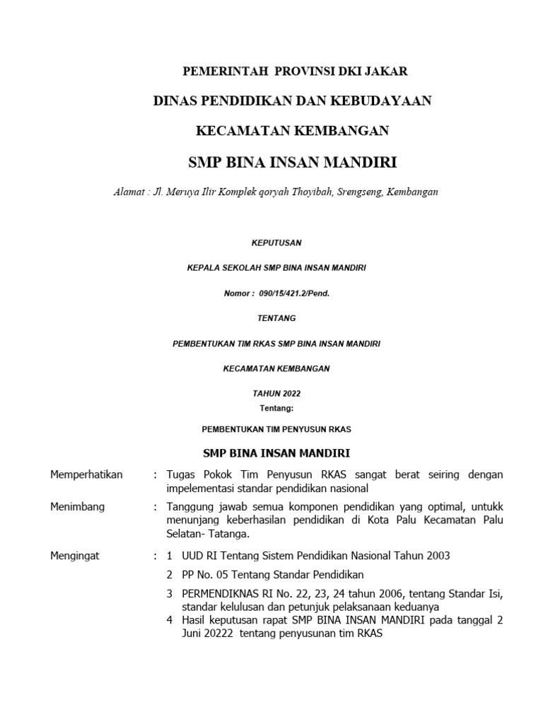 Pembentukan Tim RKAS SMP Bina Insan | PDF