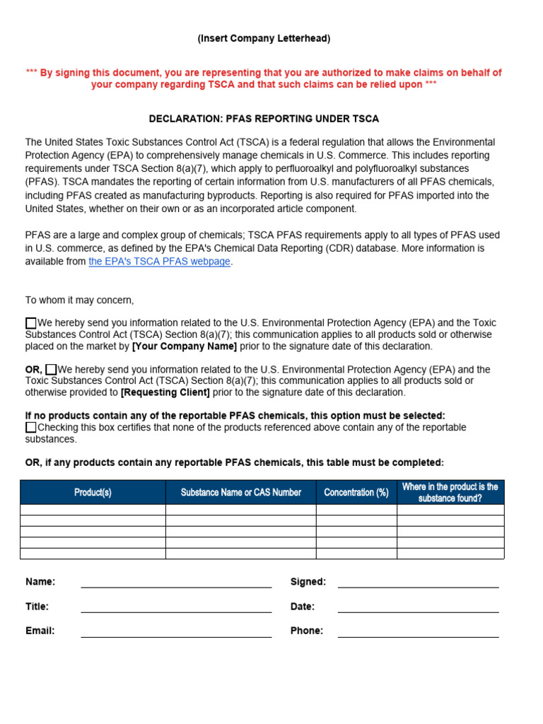 TSCA PFAS Declaration Template PDF Chemical Substances