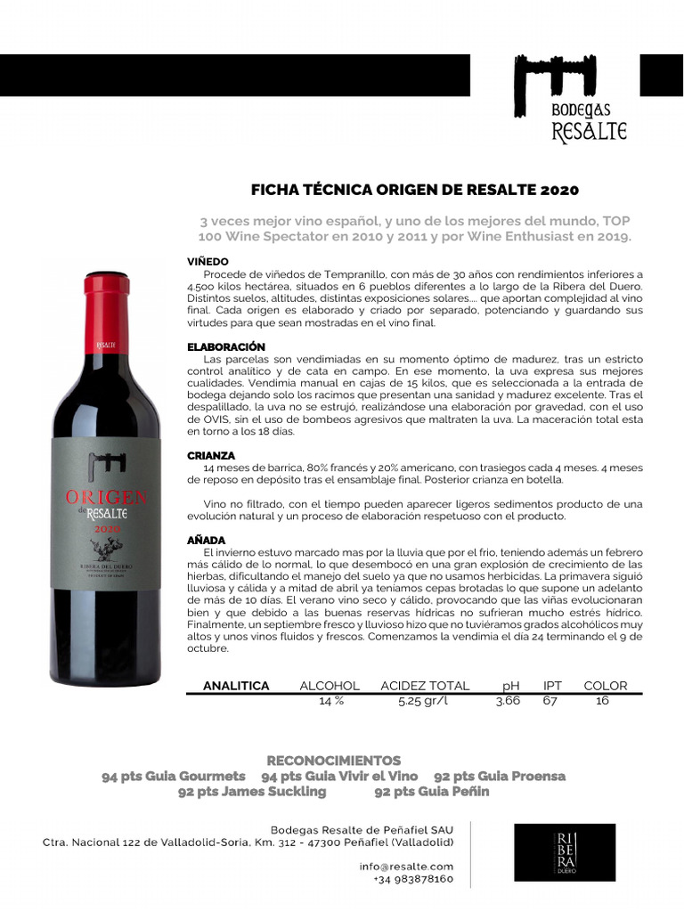 Origen de Resalte 2020: Vino Galardonado | PDF | Vino | Vitis